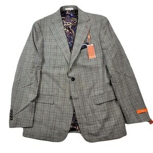 Tallia Slim-Fit Wool Suit Jacket‎ Mens 44L 44 Cream Brown Plaid $425 NEW